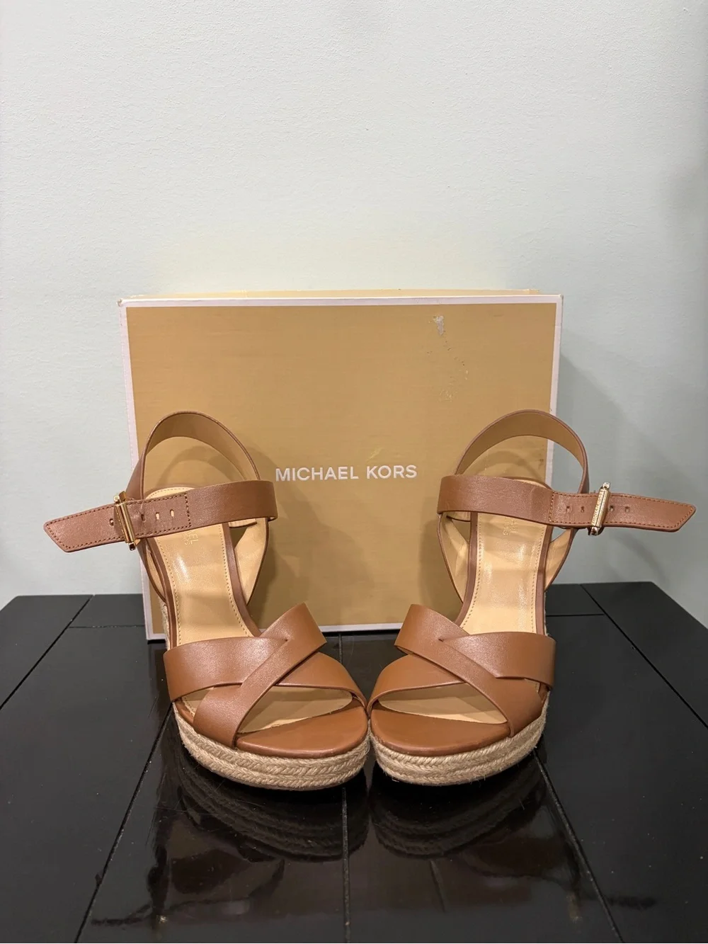 Michael Kors Brown Leather Espadrille Wedge Sandals